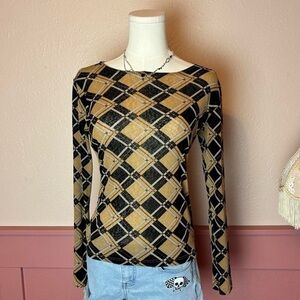 woolworths y2k argyle plaid boat neck long sleeve blouse top sz 10 brown black